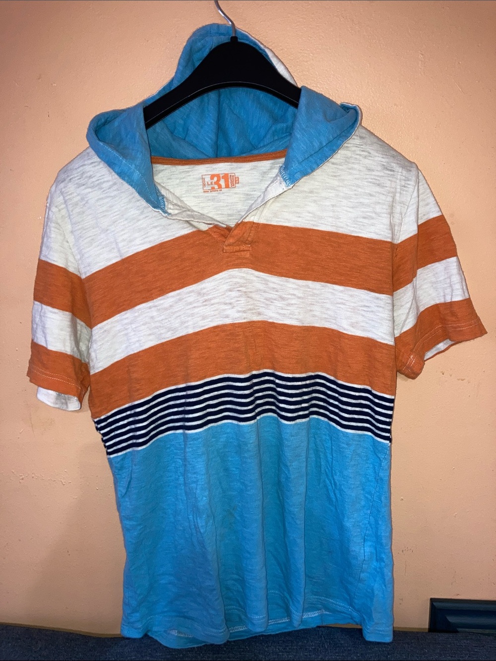 Striped Short-Sleeve Hooded Tee in Orange, White & Turquoise